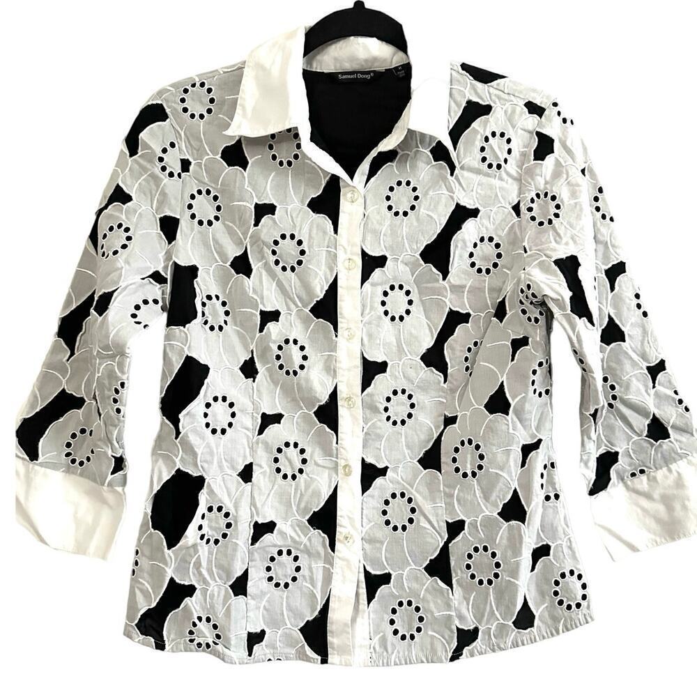 SAMUEL DONG White Black Floral Eyelet Lace 3/4 Sleeve Shirt Blouse Button Up - M